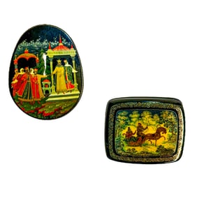 Pair of Palekh Oval and Rectangular Russian Lacquer Boxes