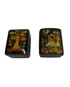 Pair of Vintage Pushkins Wonder Squirrel Rectangular Russian Lacquer Boxes