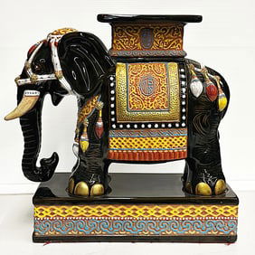 Vibrantly Asian Ceramic Decorated Elephant Statue