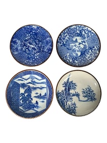 Four Japanese Blue & White Stencil Ware Porcelain Plates