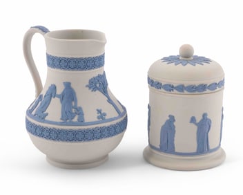 Wedgwood Jasperware Pouring Jug and Lidded Jar in White and Blue