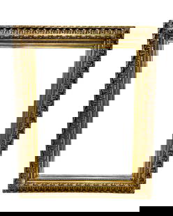 Gilt Wooden Baroque Picture Frame: Gold Painted Ornate Baroque Picture Frame with an intricate wreath pattern around the outside and a layer of leaves separating the wreaths from the innermost geometric layers. The frame has 4 differen