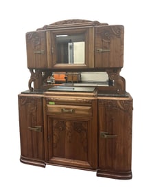 Carved Art Deco Walnut Buffet with Upper Hutch and Mirror
