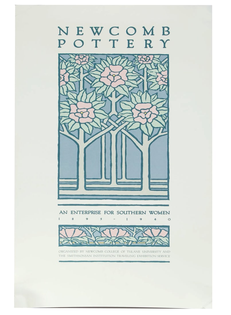 Newcomb Pottery Poster from 1984 by Judie Kirpich: Newcomb Pottery unframed poster depicting stained glass window marked -An Enterprise for Southern Women 1895-1940. Designed by Judie Kirpich. Illustration by Robert Sole. Smith