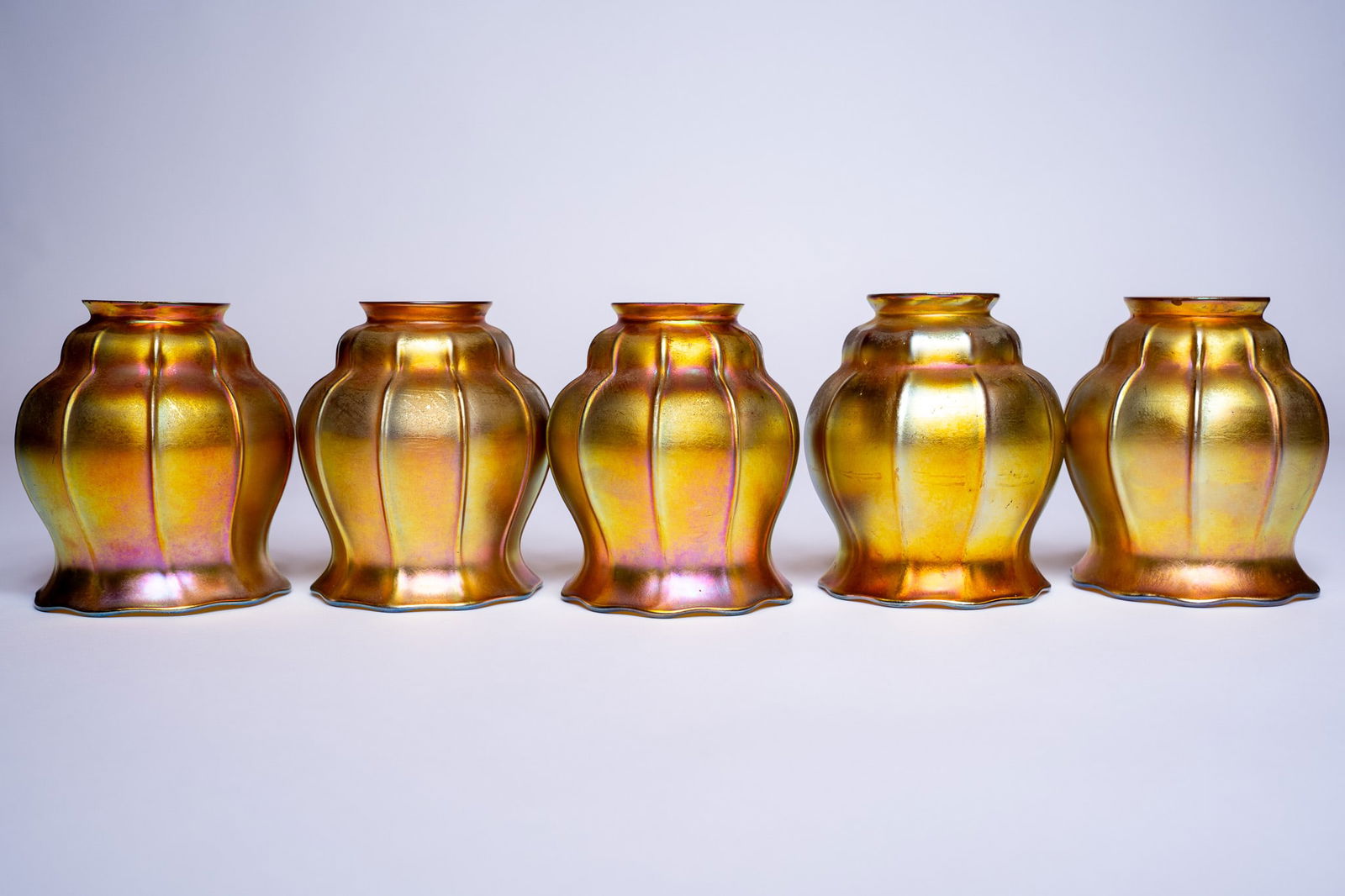 Set of 5 Gold Aurene Steuben Art Glass Shades (1 of 5)