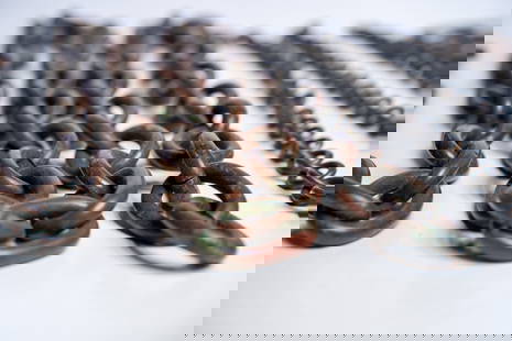 Box of Tiffany Studios Bronze Chains - Hardware: Multiple sets of link chains for chandeliers and fixtures in ambergris patina. 3 Smaller circular link chains dimensions: H 36 x W 1 x D 1&nbsp; inches 3 Small circular link chains dimensions: H 23 x