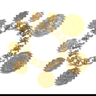 Ladies Vintage 22kt Gold Coin Bracelet: A beautiful gold bracelet that contains commemorative coins for Mohammed Reza Pahlavi for his 25th anniversary of his reign as the Shah of Iran. It has eight different coins with different markings an