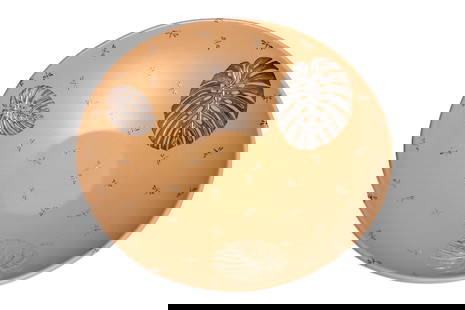 Emilia Castillo Silver Inlay Serving Bowl in Tan Ceramic: A beautiful ceramic serving bowl by Emilia Castillo in tan with pure silver inlay decoration. The decor consists of large monsteria leaves and small dragonflies. The bottom is marked with Emilia Casti