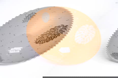 Emilia Castillo Silver Inlay Serving Bowl in Tan Ceramic: A beautiful ceramic serving bowl by Emilia Castillo in tan with pure silver inlay decoration. The decor consists of large monsteria leaves and small dragonflies. The bottom is marked with Emilia Casti