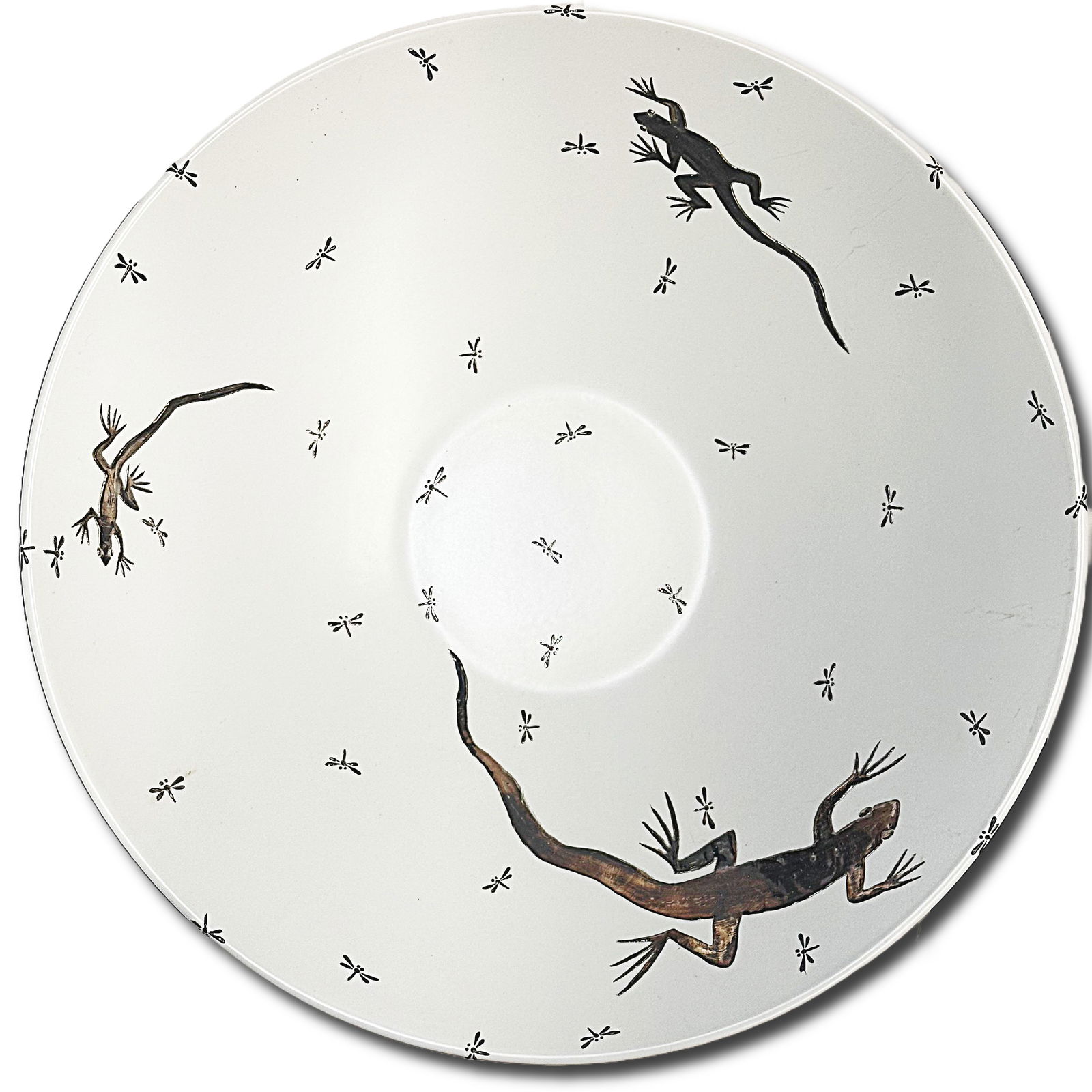 Emilia Castillo Silver Inlay Fruit Bowl in White Ceramic: A beautiful fruit bowl by Emilia Castillo in tan with pure silver inlay decoration. The decor consists of large decos and small dragonflies. The bottom is marked with Emilia Castillo, Plata Pura, Mexi
