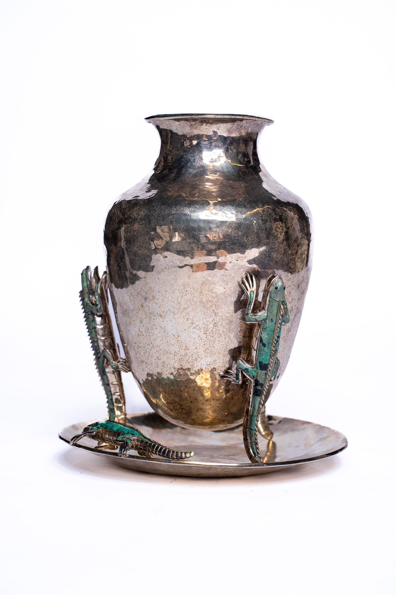 Emilia Castillo Silver Plated Vase and Plate Featuring Malachite Salamanders (1 of 8)