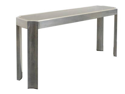 Mid Century Modern Chrome and Glass Hall Table: Modern hall table with chrome and gold-toned frame, topped with a dark glass panel.&nbsp; Measuring H 26 x W 55 x D 14 inches Condition: some scratches to the surface.
