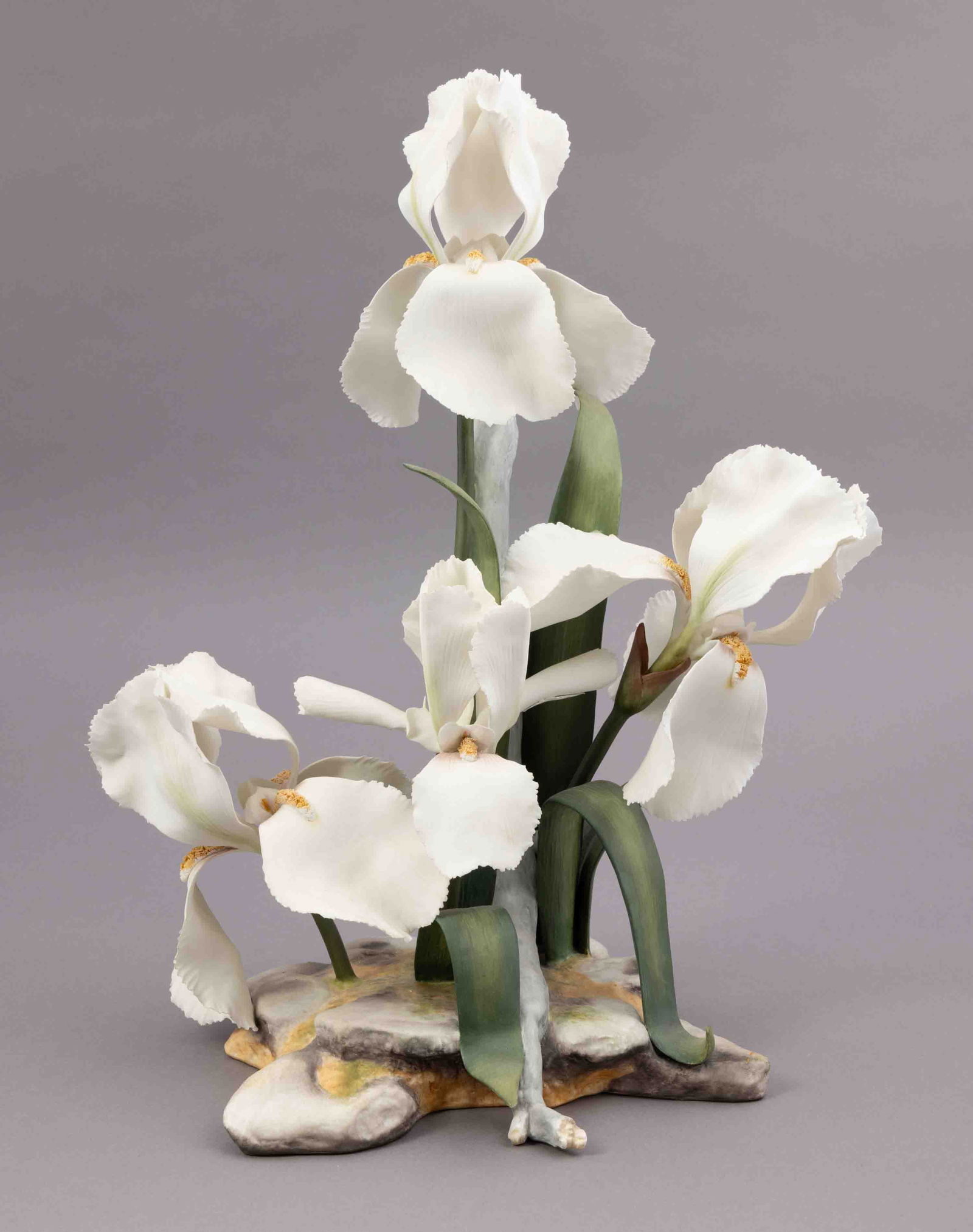 Boehm Bone Porcelain Flower, Pontiff Iris: Boehm bone porcelain floral figurine of an iris. Marked on the underside. Dimensions: H 18 x W 8 x D 9 inches approx. Condition: good.
