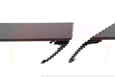Baker Wooden Kangi Coffee Table: A beautiful, dark-stained hardwood Baker's Kangi table with bowed legs.&nbsp; Dimensions: H 18.5 x W 60 x D 36 inches Condition: Minor scratches to the surface, but no signs of physical damage or repa
