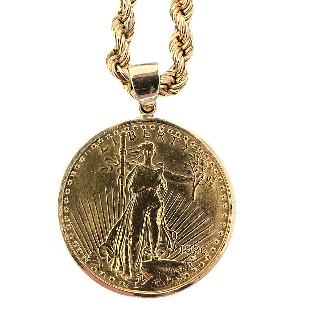 Vintage St. Gaudins $20 Gold Coin Pendant c. 1926 and Rope Necklace (1 of 5)