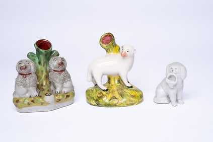 Vintage Staffordshire Sheep Figurines and Two Dog Figurines