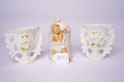 Porcelain Cookie Jar and a Pair of Ceramic Spill Vases
