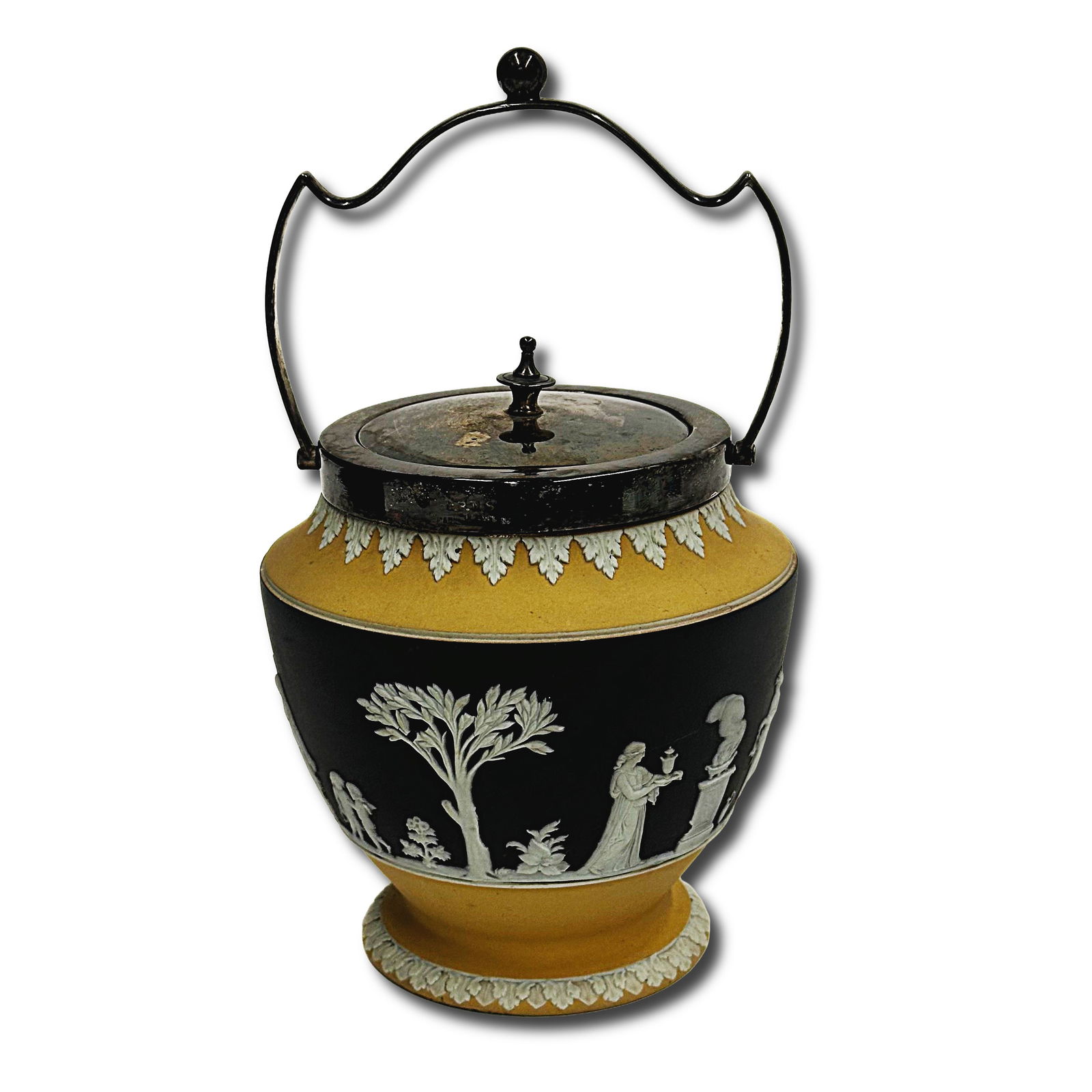 Neoclassical Wedgwood Jasperware Jug in Black and Yellow with Metal Lid: Neoclassical Wedgwood Jasperware Jug in Black and Yellow with Metal Lid. The Jug features floral designs on the top and bottom yellow sections, and neoclassical still life scenery on the middle black