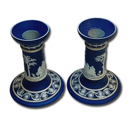 Set of 4 Neoclassical Wedgewood Jasperware Candlesticks in Two Sizes in Blue