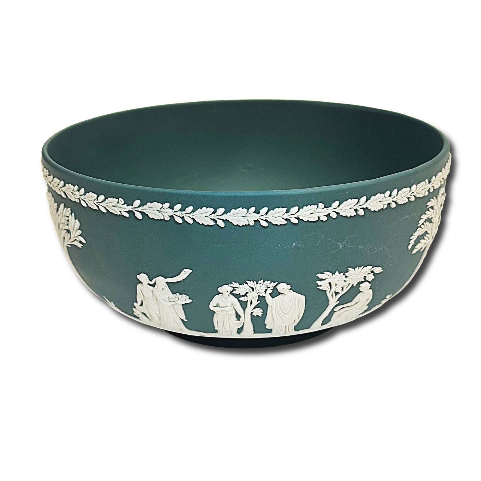 Neoclassical Wedgwood Jasperware Bowl in Green: Neoclassical Wedgwood Jasperware Bowl in Green. The bowl is in the Neoclassical style with still life marquetry around the body, a floral border on the top, and marked on the underside with the Wedgwo