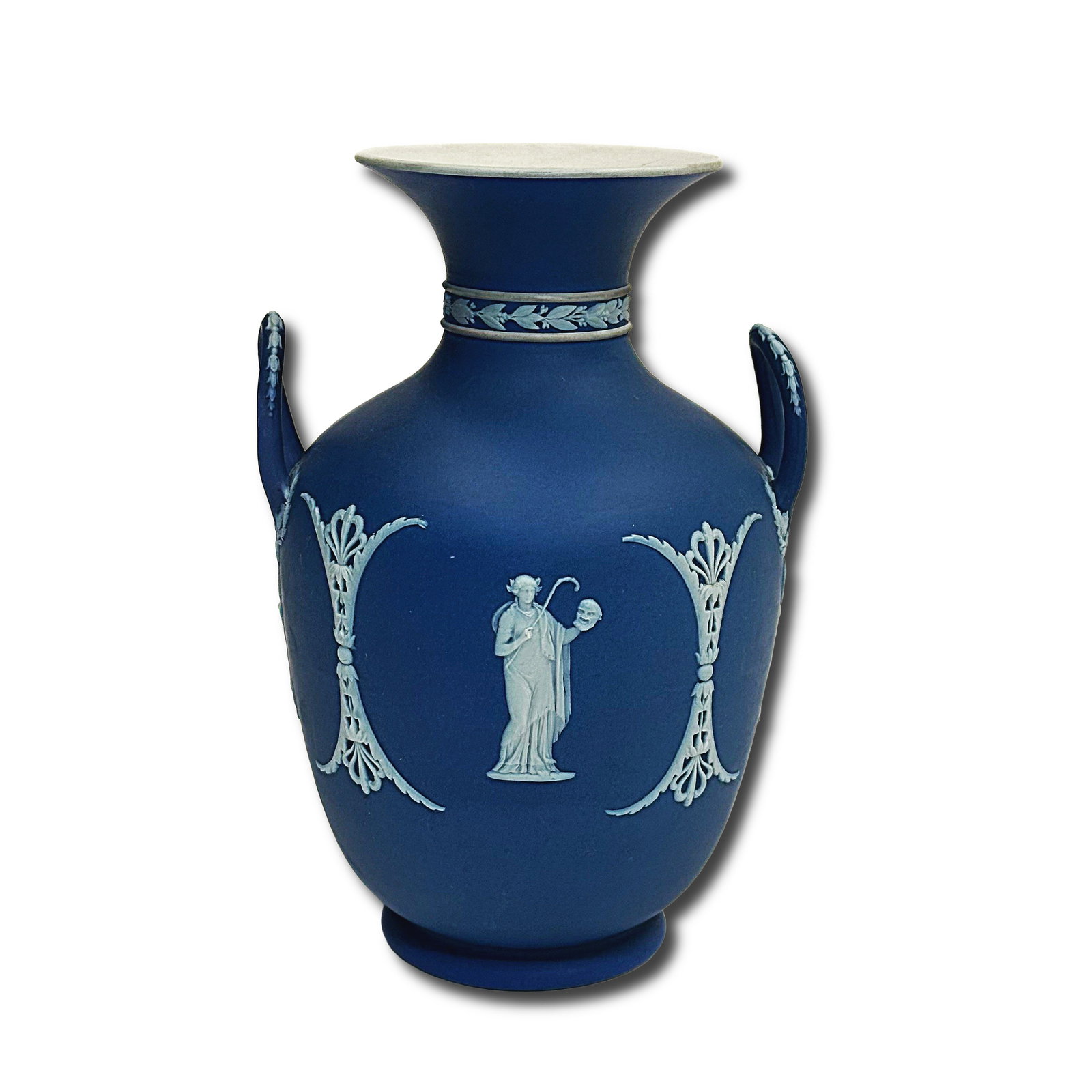 Neoclassical Wedgwood Jasperware Jug in Blue: Neoclassical Wedgwood Jasperware Jug in Blue. The jug is in the neoclassical style with still life marquetry around the body, a floral border on the top, and marked on the underside with the Wedgwood 