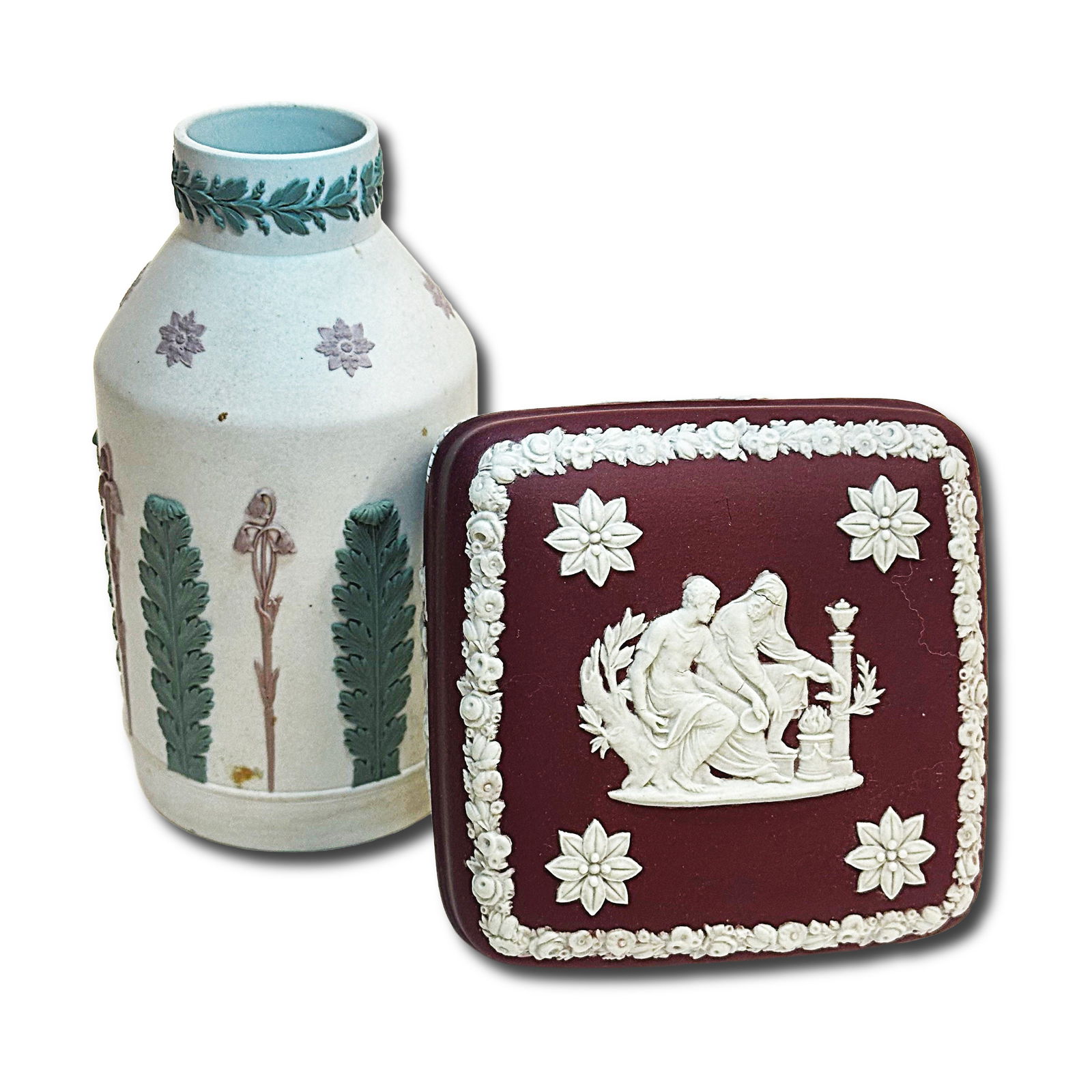 Pair of Neoclassical Wedgwood Jasperware Dishes in Red and White: Pair of Neoclassical Wedgwood Jasperware Dishes in Red and White. The Trinket Box features angel children on the body and a still life scene on the lid. The Jar features floral designs in alternating