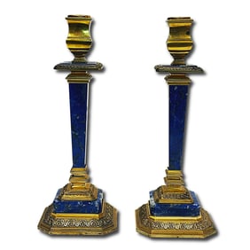Pair of Early 20th Century Lapis Gold on Silver Candlesticks