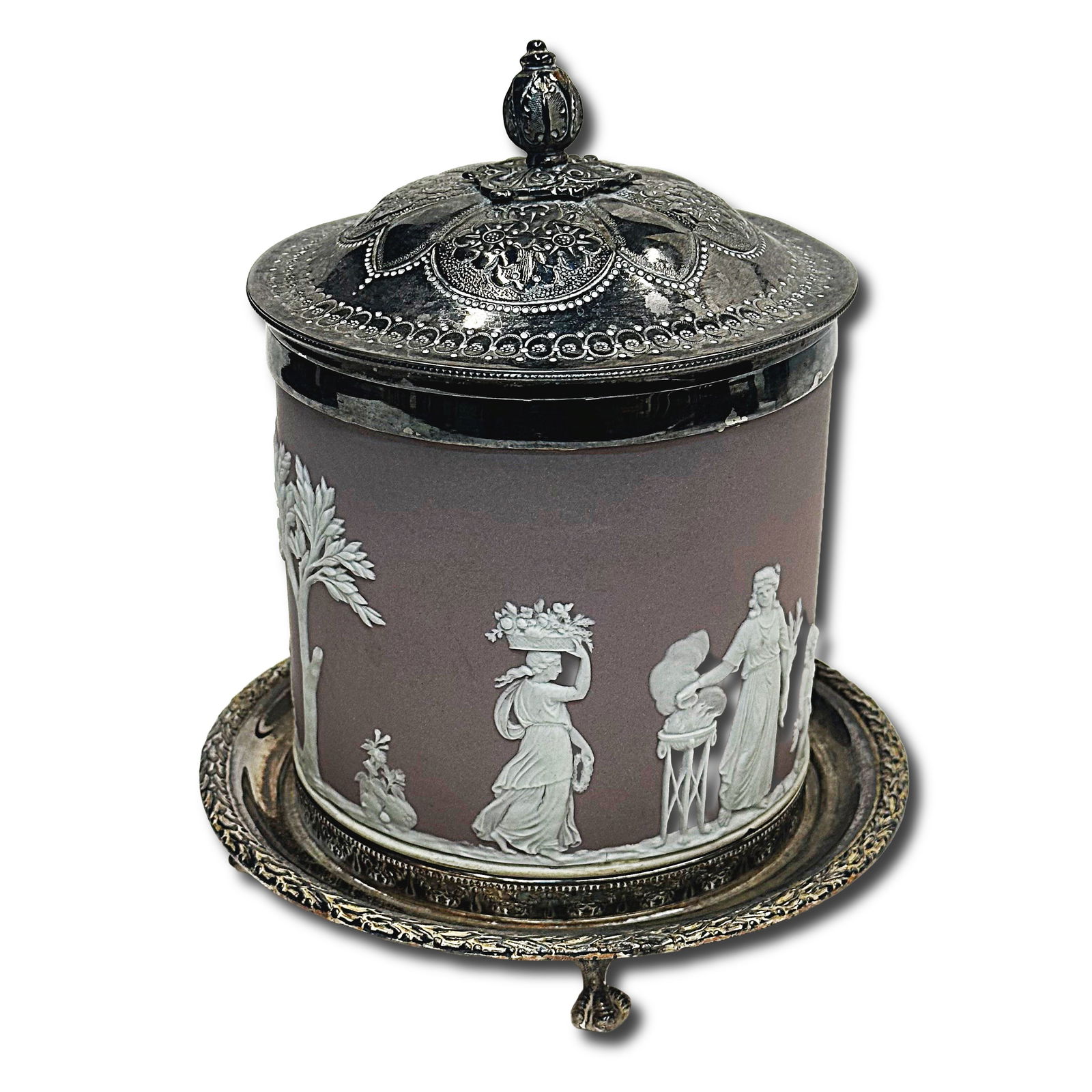Neoclassical Wedgwood Jasperware Jar in Lavender with Metal Lid and Base: Neoclassical Wedgwood Jasperware in Lavender. 1 Metal Lidded Jar with Metal Base. In the Neoclassical Style with beautifully intricate designs, and marked on the underside with the Wedgwood Maker's Ma