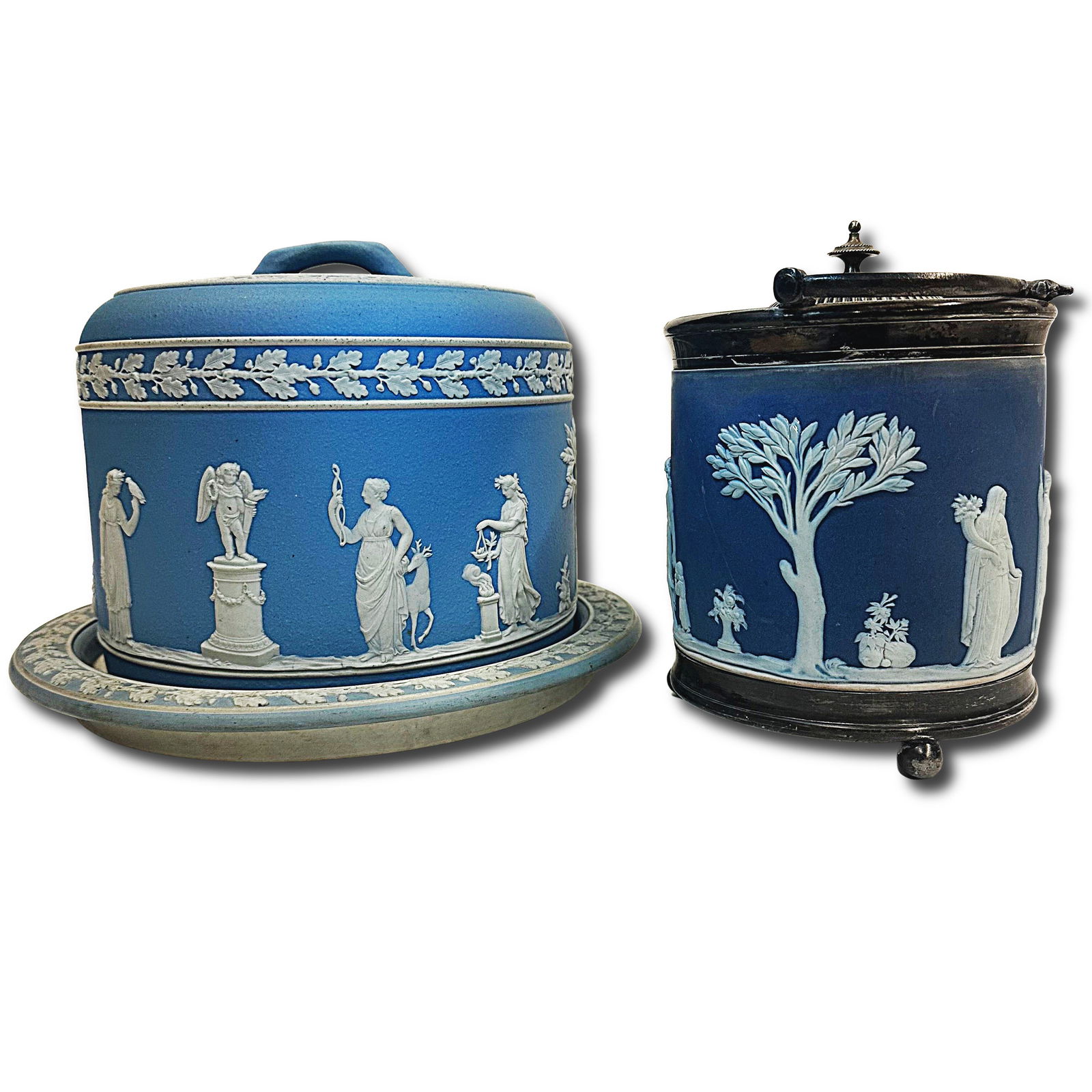 Pair of Neoclassical Wedgwood Jasperware in Blue: Set of 2 Neoclassical Wedgwood Jasperware in Blue. 1 Serving Plate with Lid. 1 Jug with Metal Lid and Base. Both are in the Neoclassical Style with beautifully intricate designs, and marked on the und