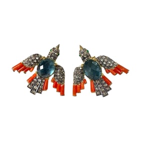 Ladies pair of diamond, sapphire, coral and tourmaline earrings