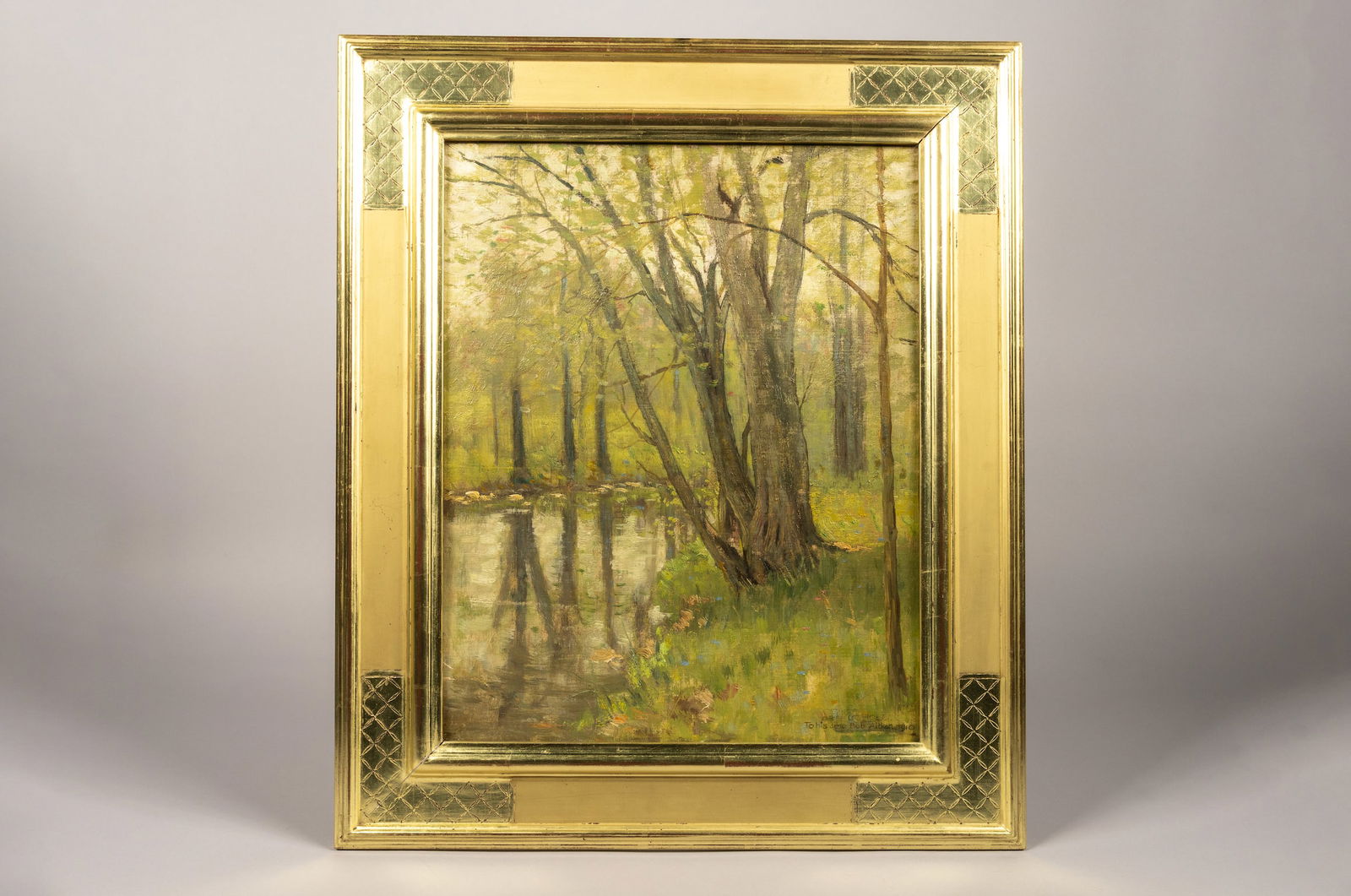 Arthur Hoeber, American, 1854-1915, Spring Woodland, Oil on Canvas Mounted on Board: Arthur Hoeber - American, 1854-1915 Spring Woodland, 1910 Oil on canvas, mounted on board Unframed H 17.75 x W 14 x D 0.25 inches Framed H 23.25 x W 19.75 x D 1 inches Signed lower right: Arthur Hoebe