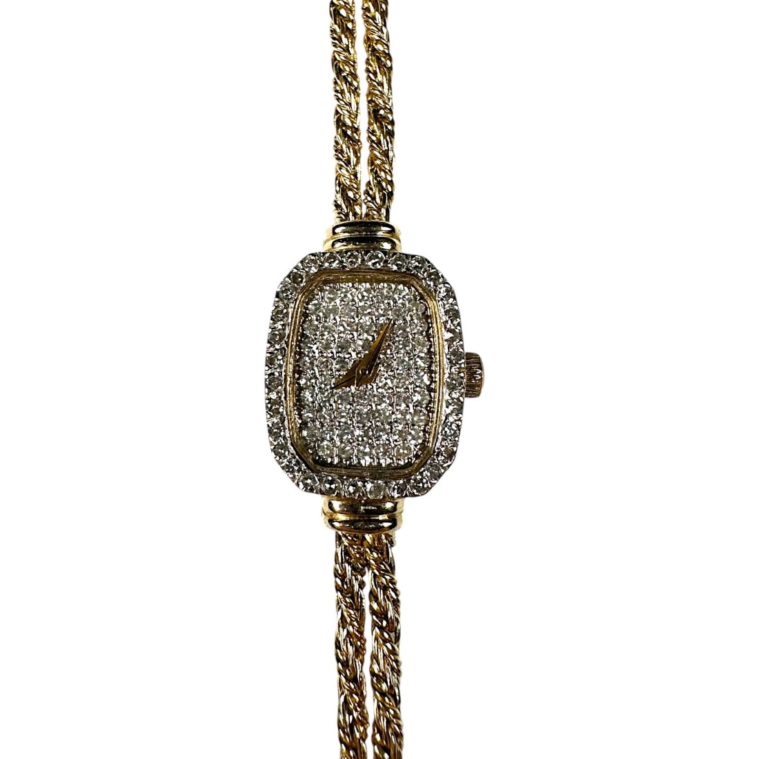 Ladies Vintage Croton Gold & Diamond Wristwatch: An incredible find - this modern Croton wristwatch is probably from the 1970s. Made of 14kt yellow gold case, and bracelet. The dial and bezel are encrusted with diamonds. End to end measures 7 inches