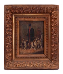Antique Oil on Canvas Painting of Gentleman Walking Dogs on Heavily Carved Gilt Wooden Frame