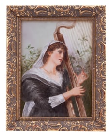 Farman, 19th Century, Woman Playing The Harp, Porcelain Plaque