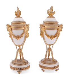 Pair of 19th Century Marble and Brass Urns