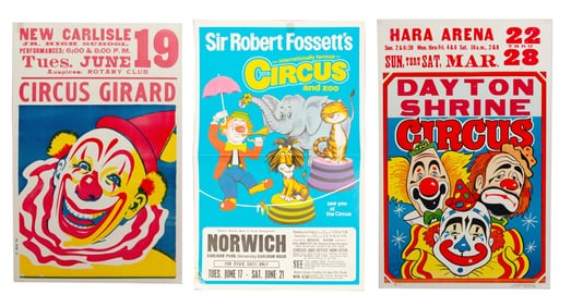 Set of 3 Vintage Circus Posters, Dayton Shrine, Circus Girard, Sir Robert Fossett's Circus, Ringling