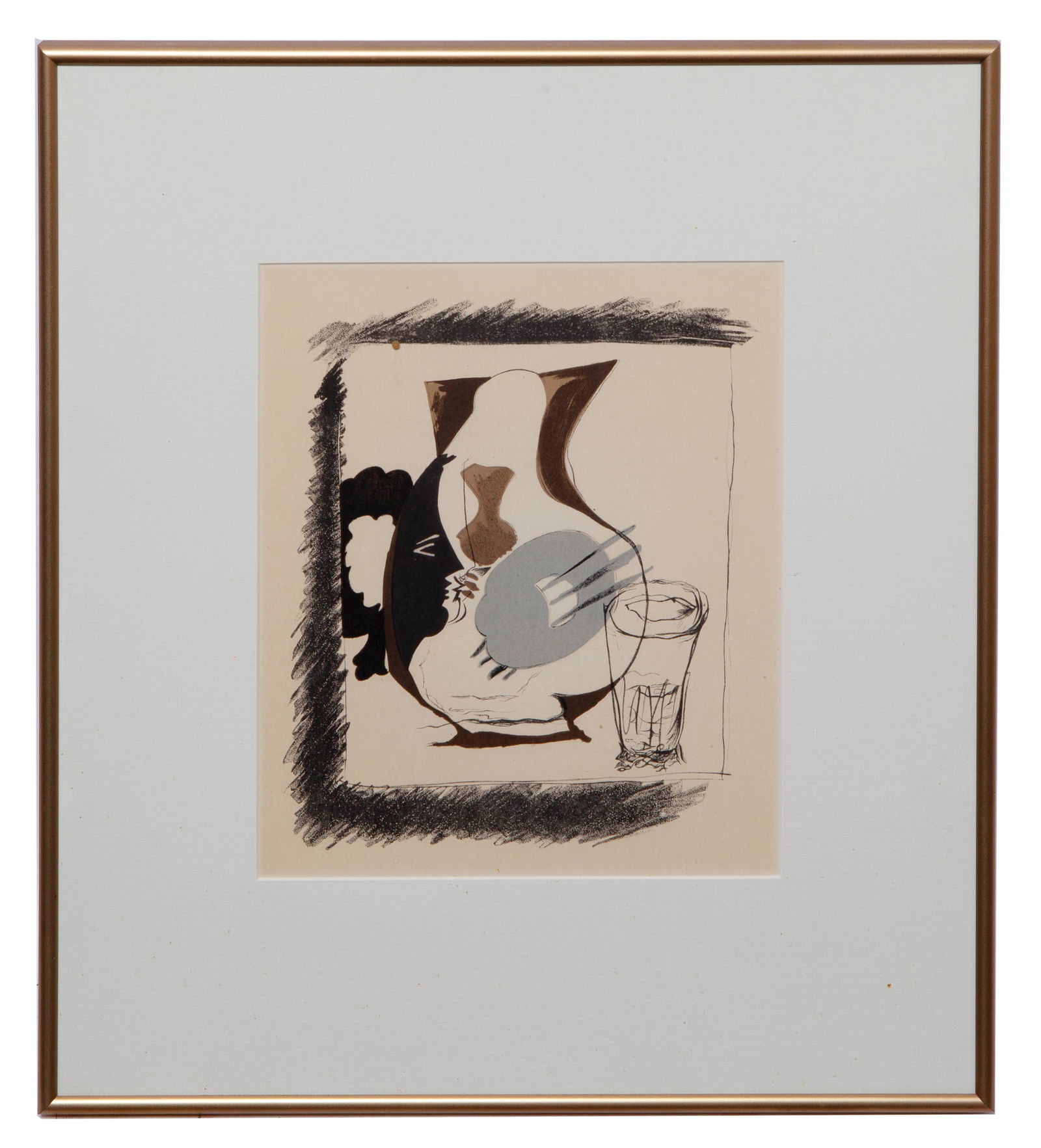 Georges Braque (French 1882-1963) Verre Et Dichet Lithograph: Georges Braque French, 1882 - 1963 Verre Et Dichet, from Derriere Le Miroir Lithograph, unsigned On a gold frame measuring H 20.75 x W 18.25 x D 1 inches Condition: In good condition