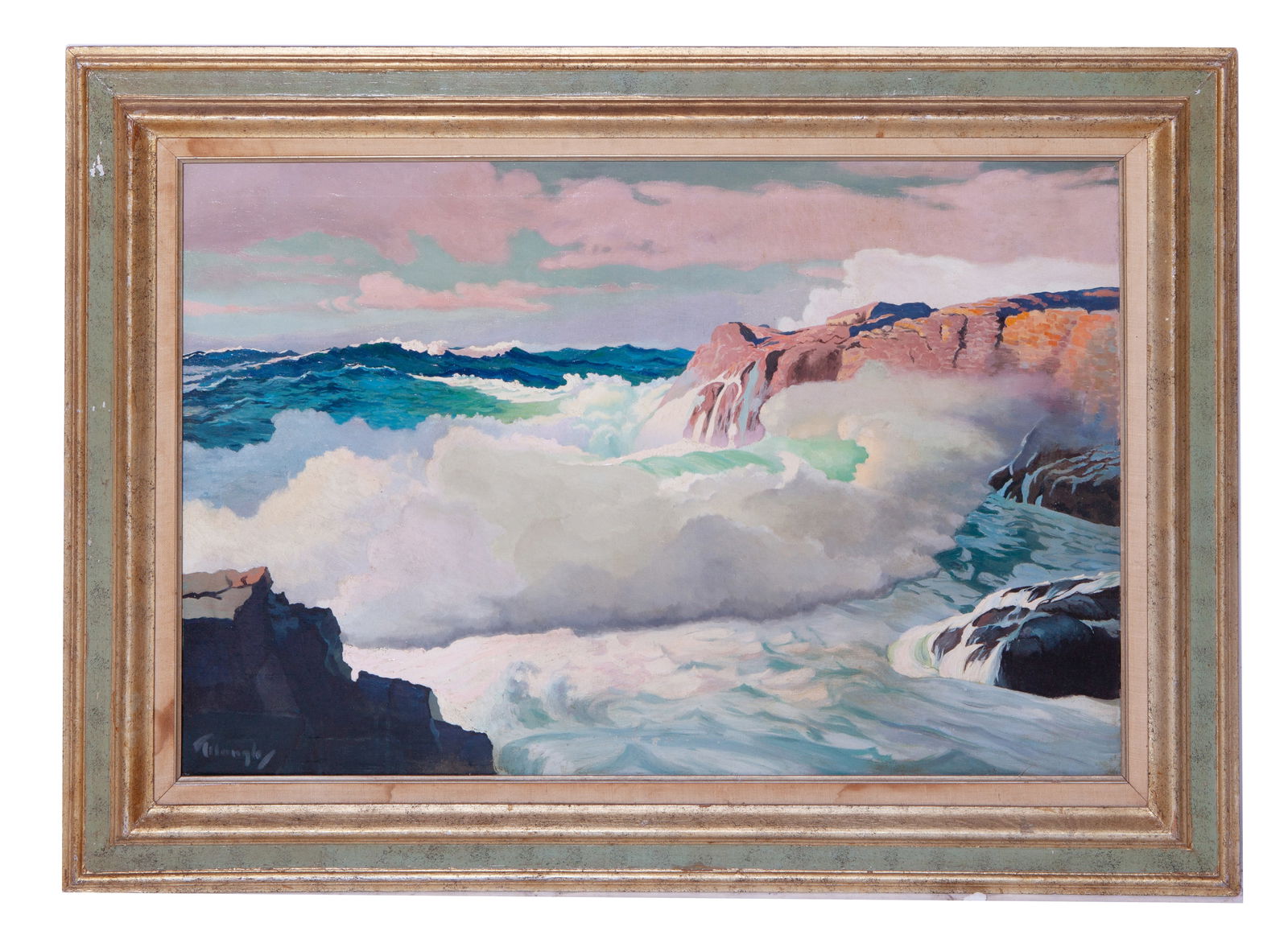 Frederick Judd Waugh, American, 1861-1940, Seascape, Oil on Canvas: Frederick Judd Waugh American 1861-1940 Oil in Canvas Seascape A wonderful example of Frederick Judd Waughs seascapes. Pink hues n the sky with bold blues and aquas. Signed Waugh in the lower