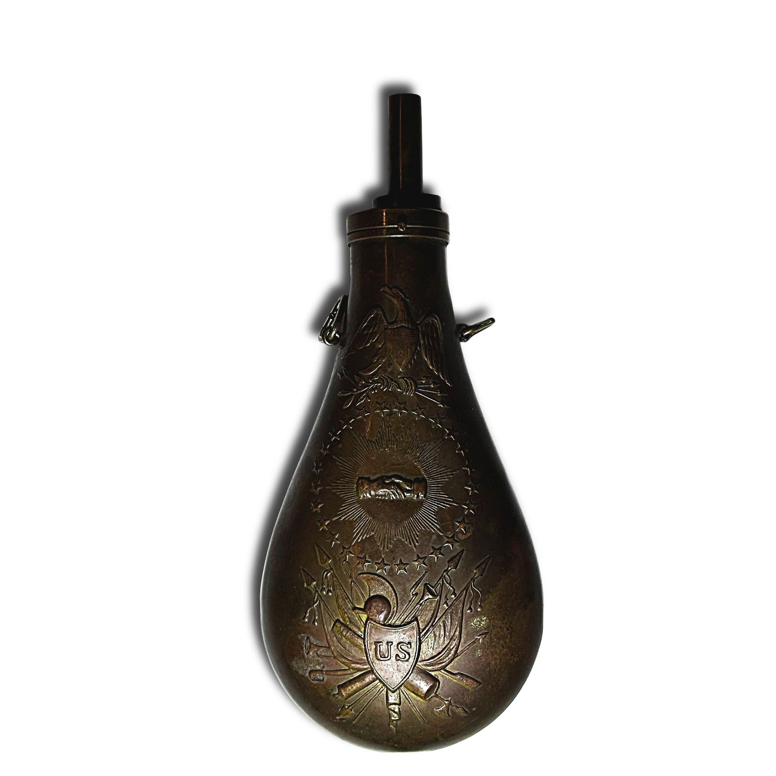 U.S. Military Powder Flask: Military-issued brass powder flask with stopper. Probably 1830s-1840s, possibly Mexican War era. Continued to be made up to the 1850s. They started using these flasks when Mississippi Rifles came into