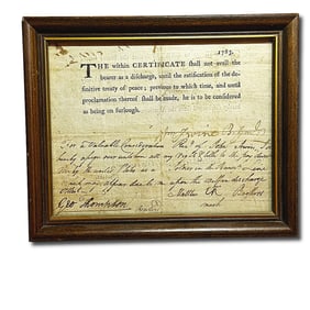 Certificate of Military Discharge Second Pennsylvania Regiment Circa 1783