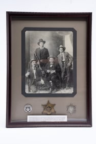 Vintage Texas Ranger Photograph Paired with 3 Antiqued Replica Peace Officer Badges