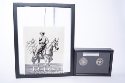 Clint Thomas Peoples Signed Photograph and Pair of Texas Ranger Badges