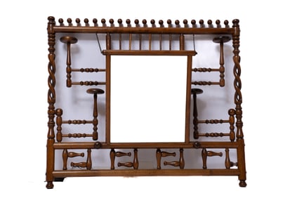 Victorian Wooden Stick and Ball Wall Hat Rack with Mirror