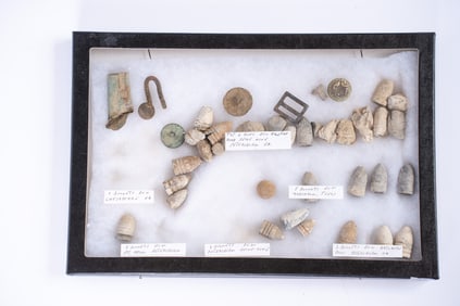 Collection of 17 Bullets and Assorted Civil War Relics in Case.