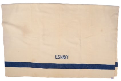 Vintage WWII US Navy Wool Throw Blanket - Cream With Blue Stripe