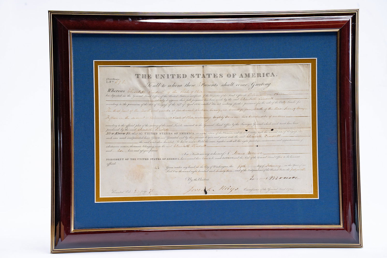 1822 James Monroe Land Grant Signed as President (1 of 2)