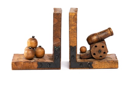 Pair of Vintage Wooden Bookends - Cannon and Mortar and Accessories