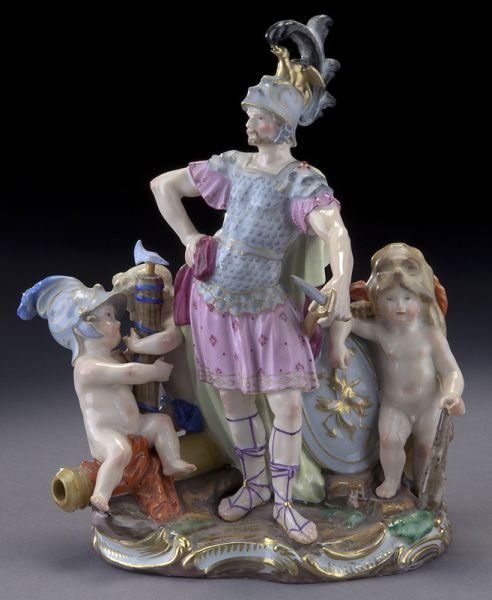 Meissen porcelain classical figural group: Meissen porcelain classical figural group depicting Aeneas flanked by a putto armed in a helmet and a putto draped in a lion's skin. Cross swords mark in blue underglaze with cancellation, incised "D1
