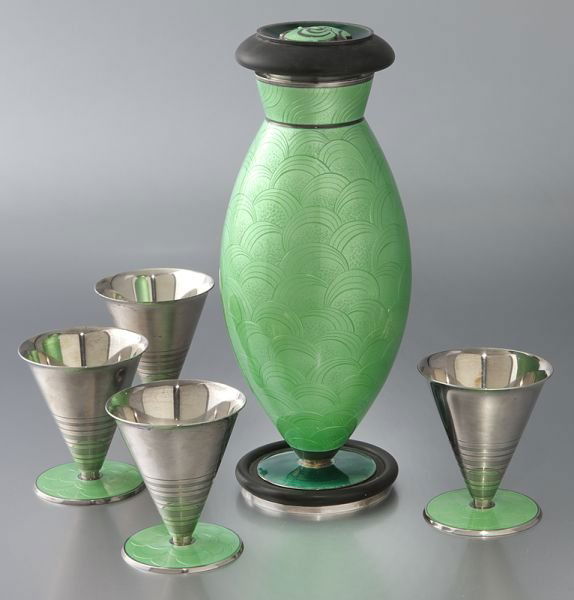 5 Pc. David Andersen enameled silver cocktail set: 5 Pc. David Andersen enameled silver cocktail set comprising (1) shaker with art deco styled lime green enamel to the eliptical body and an ebony lid decorated with an applied rooster, with (4) silver