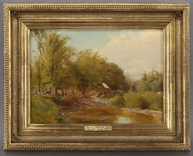 Jervis McEntee, "Sawmill, Hunter, NY" oil on: Jervis McEntee, "Sawmill, Hunter, NY" oil on canvas mounted on board. Initialed lower left. With label on reverse "Mark Lasalle Fine Art, Albany New York". Board: 11''H x 15.5''W; Frame: 16.5''H x 20.